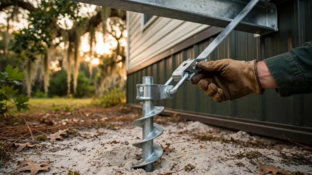 Close-up of a galvanized hurricane tie-down anchor and strap being checked on a manufactured home