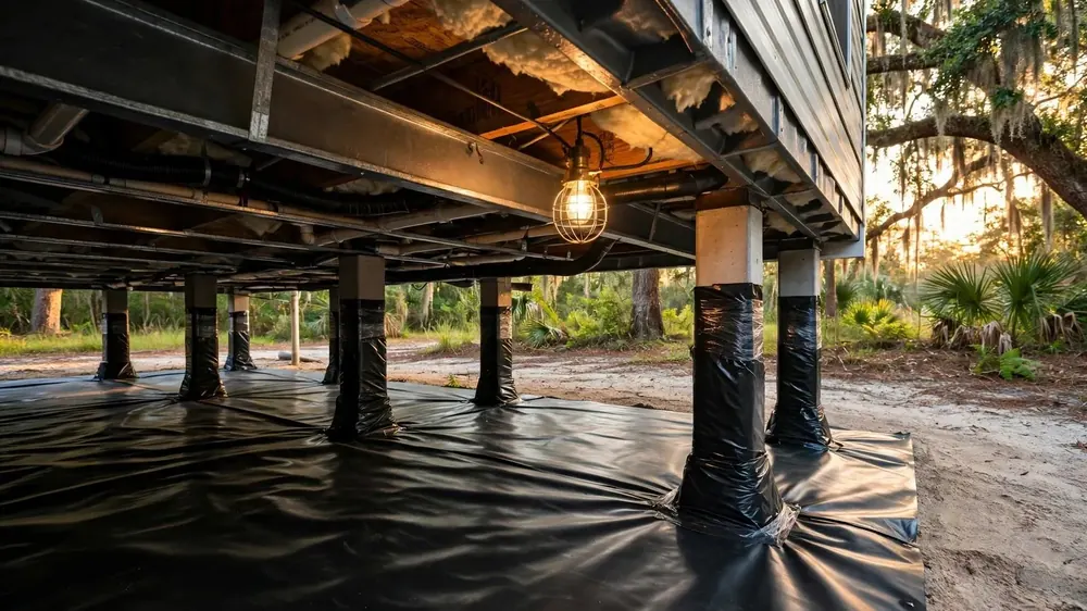 Clean crawlspace with a new black vapor barrier and wrapped piers under a manufactured home